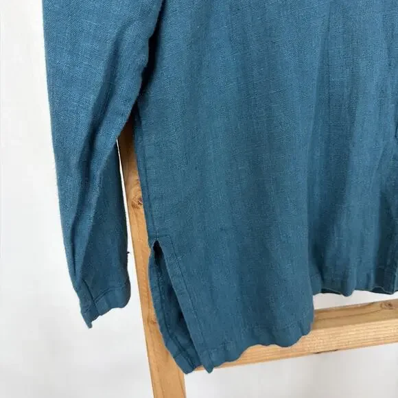 Vintage Mishi Deep Teal Long Sleeve Button Up Long Linen Top #1223 Size LARGE - Picture 2 of 4